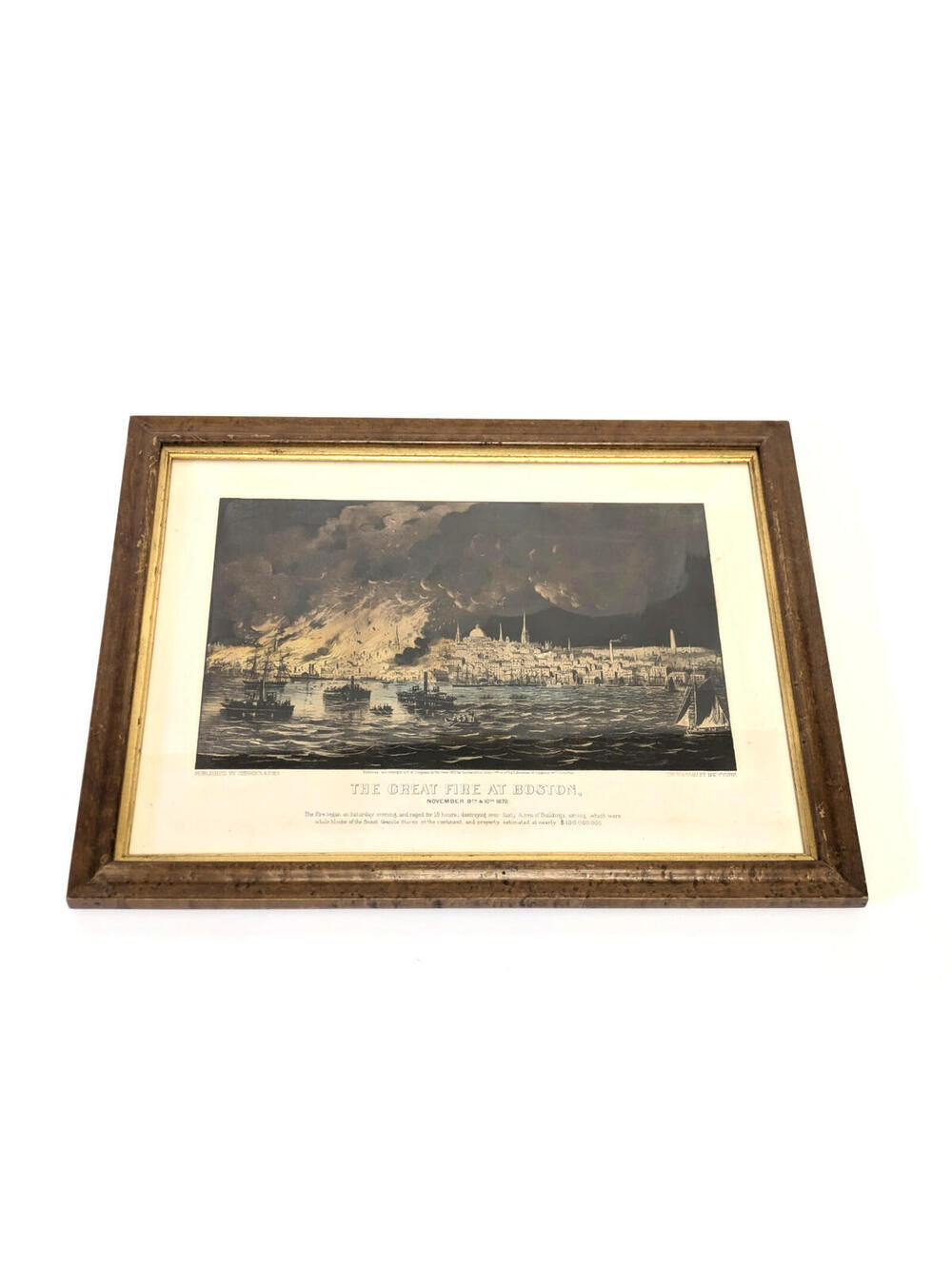 Antique Currier & Ives Hand Colored Lithograph Print Great Fire At Boston 1872